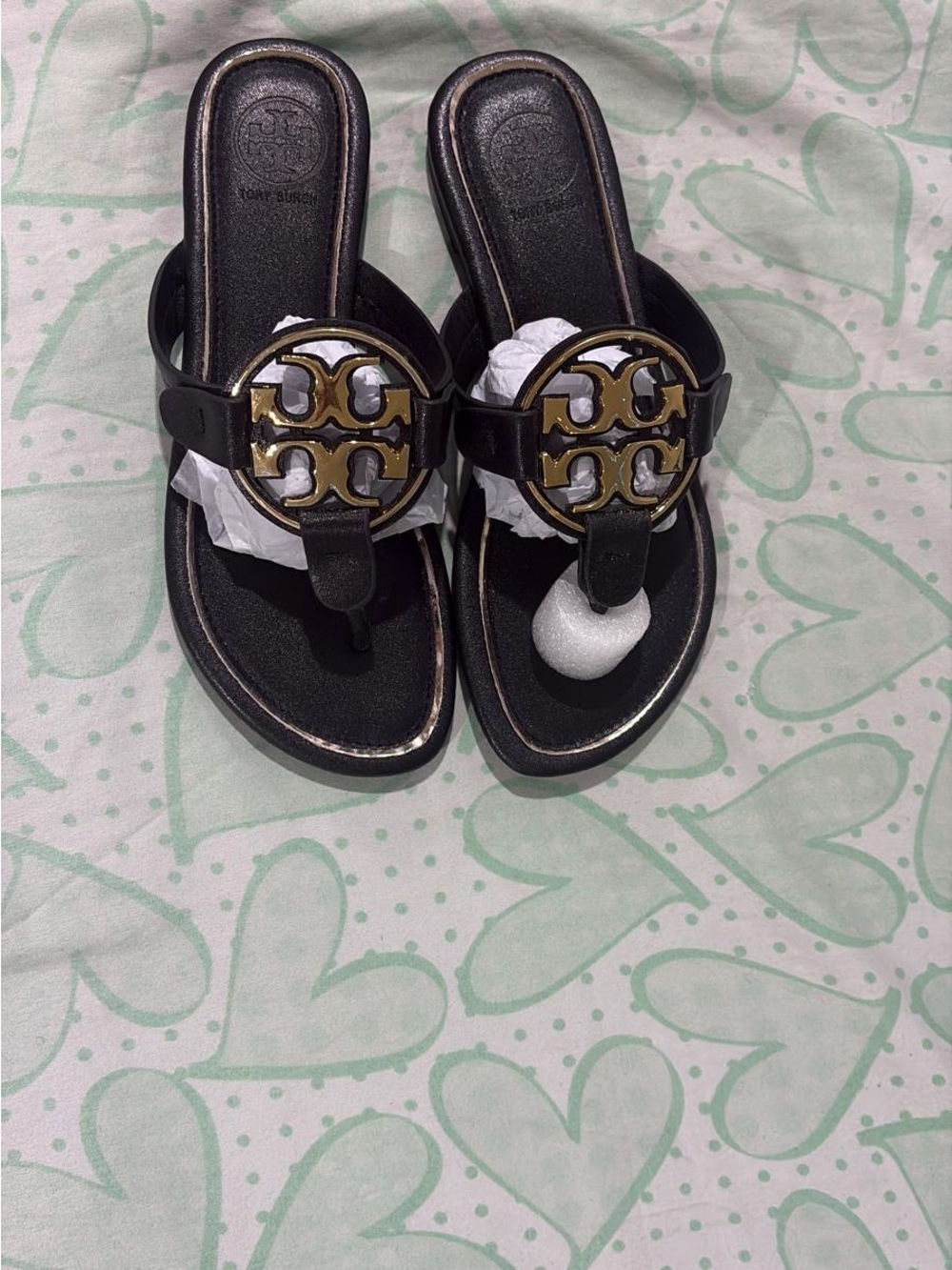 Tory Burch Black Thong Sandals with Gold Logo